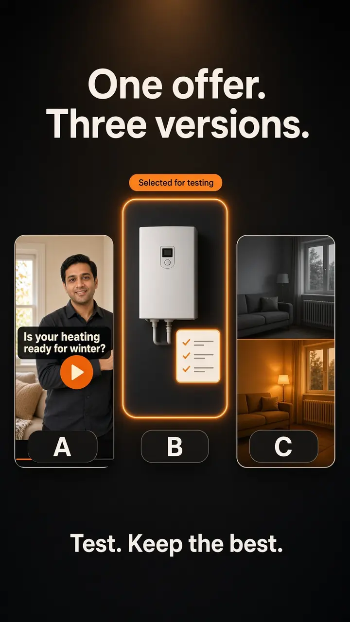 Three versions of one ad labeled A, B and C under the headline 'One offer. Three versions.', with version B selected for testing (AI-generated sample ad)