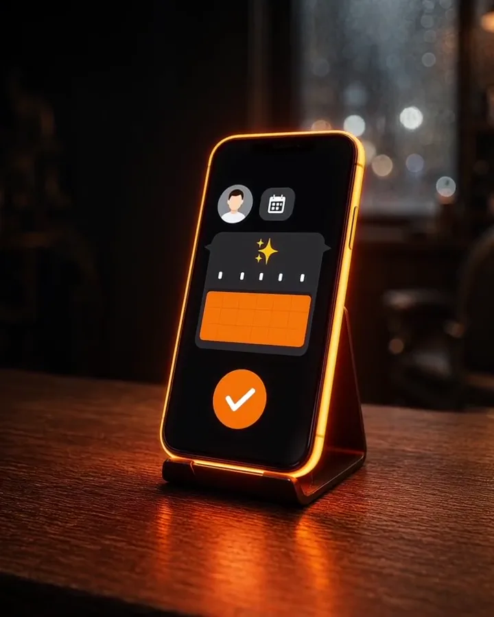 AI automation for a small business: a phone on the shop counter at night shows a customer message, an AI reply and an orange booked appointment with a checkmark