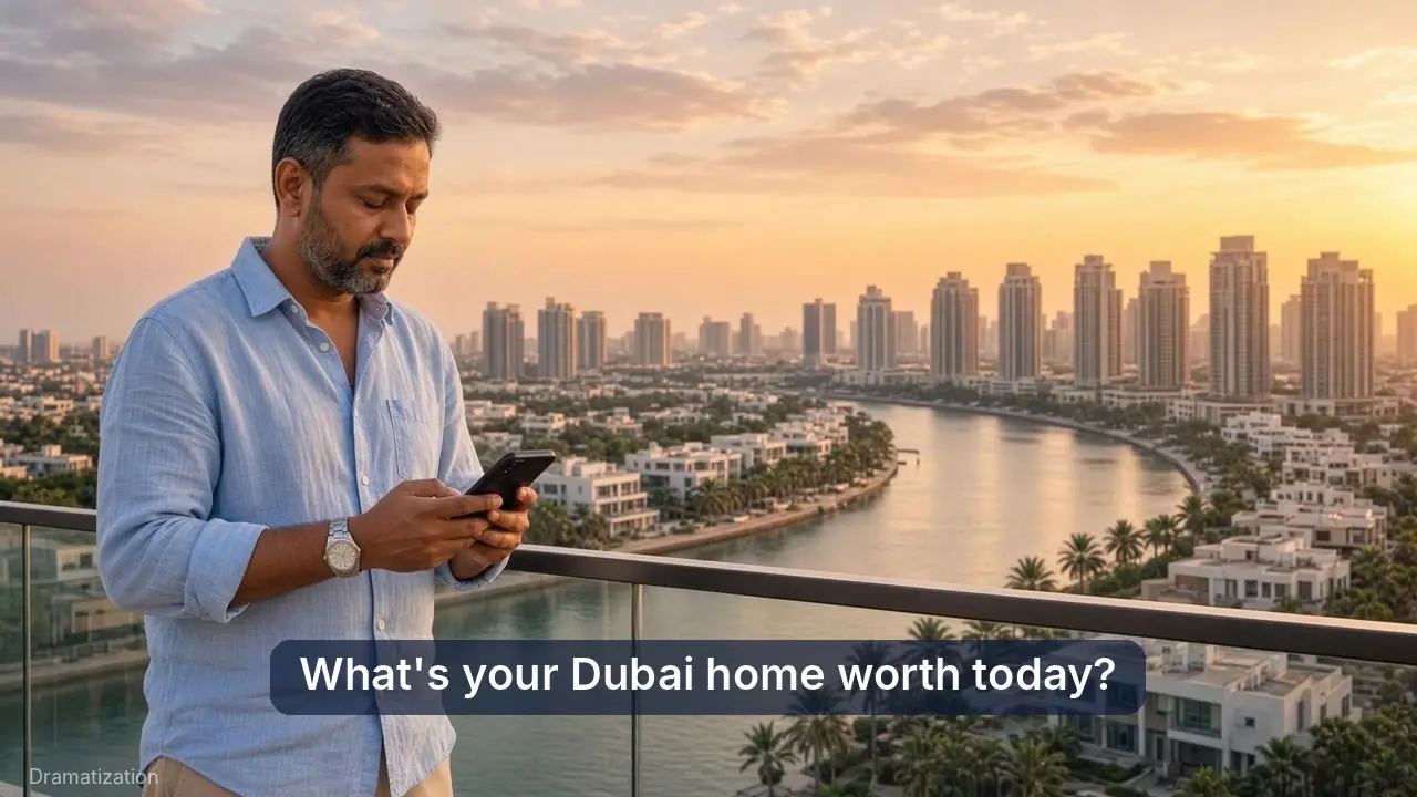 Opening frame of the ad: a man on a balcony over Dubai Creek checks his phone, with the caption 'What's your Dubai home worth today?'